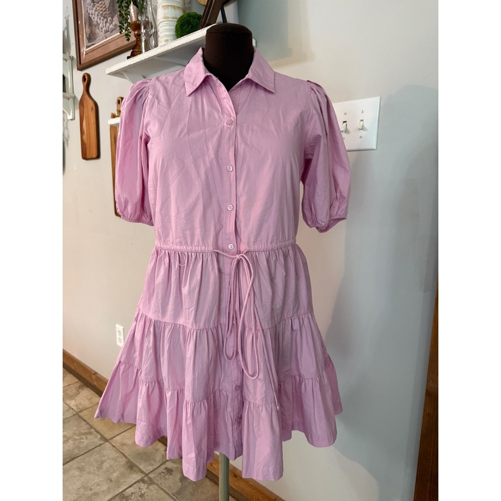 Abercrombie‎ & Fitch Pink Tiered Puff Sleeve Button Down Mini Shirt Dress Small